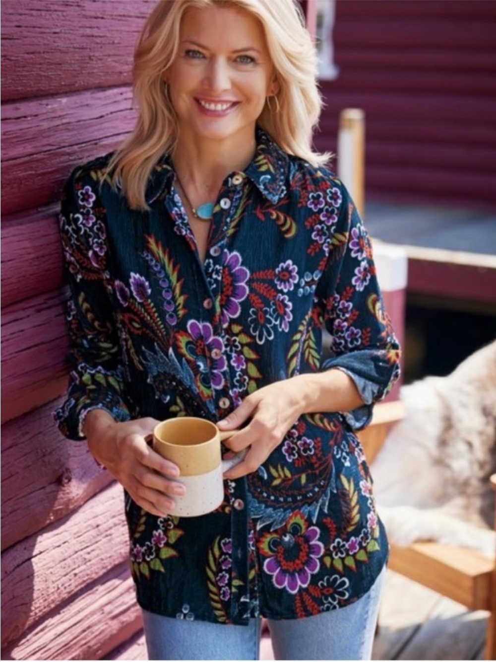 Soft Surroundings Velvet Floral Button Front Tunic Shirt Size M Boho